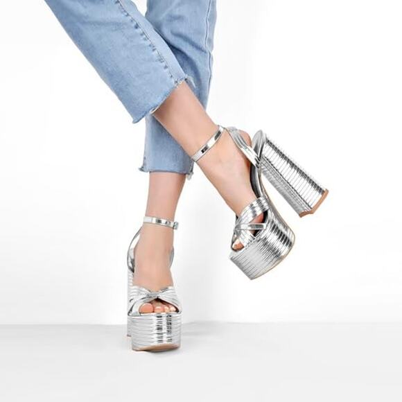 Onlymaker Womens Size 8 Shiny Silver 6" Platform Heels Open Ankle Strap Shoes - Picture 5 of 7